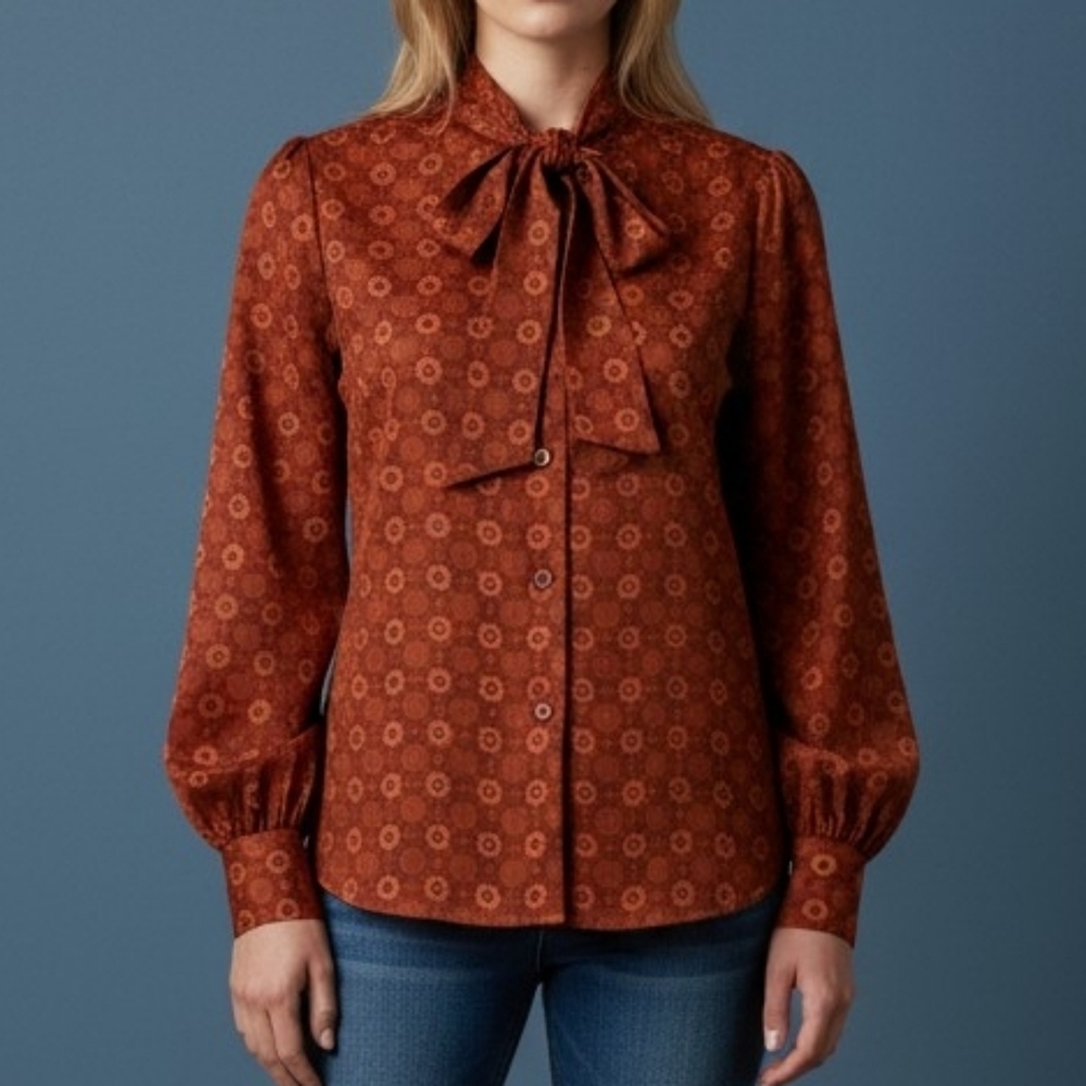 VTG JCPENNEY 1960s-1970s Rust Floral Bullseye Bow Tie Button Down Colonial Shirt
